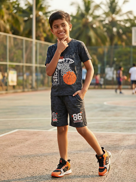 Boys Black Basketball Print Cotton Co-ord Set