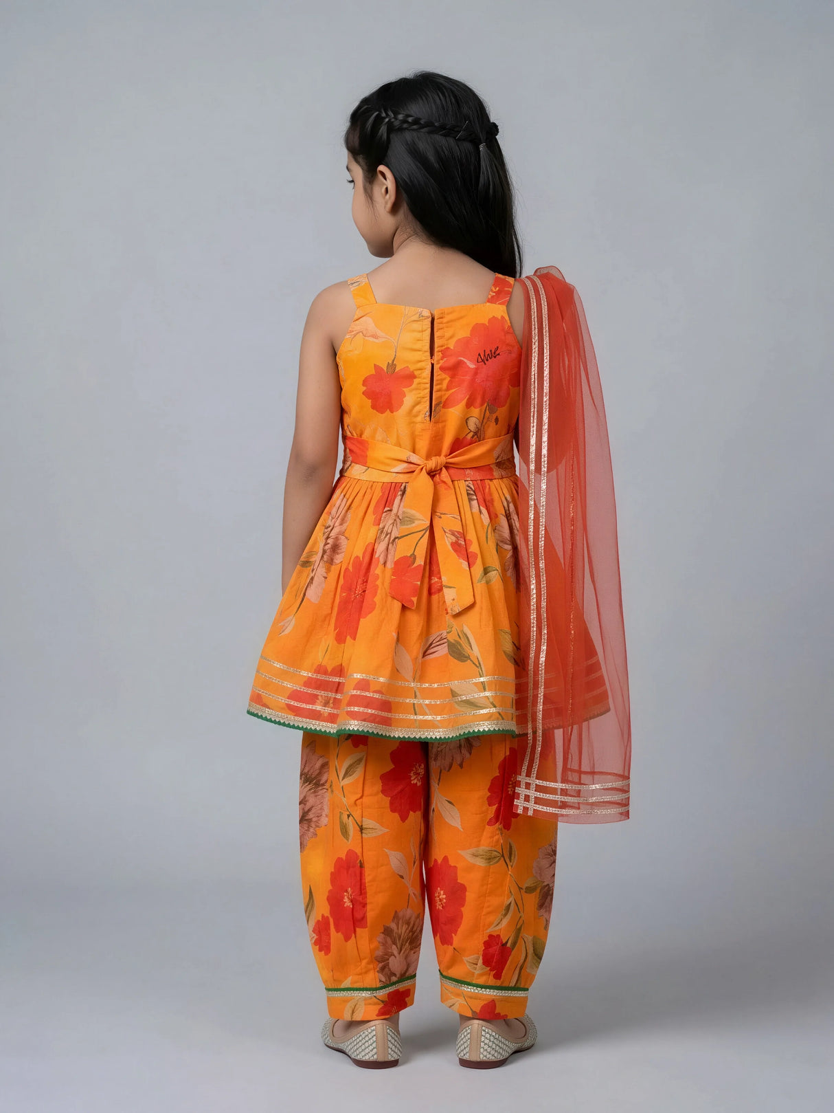 Girls Orange Floral Printed Ethnic Patiala Suit Set with Dupatta