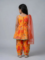 Girls Orange Floral Printed Ethnic Patiala Suit Set with Dupatta