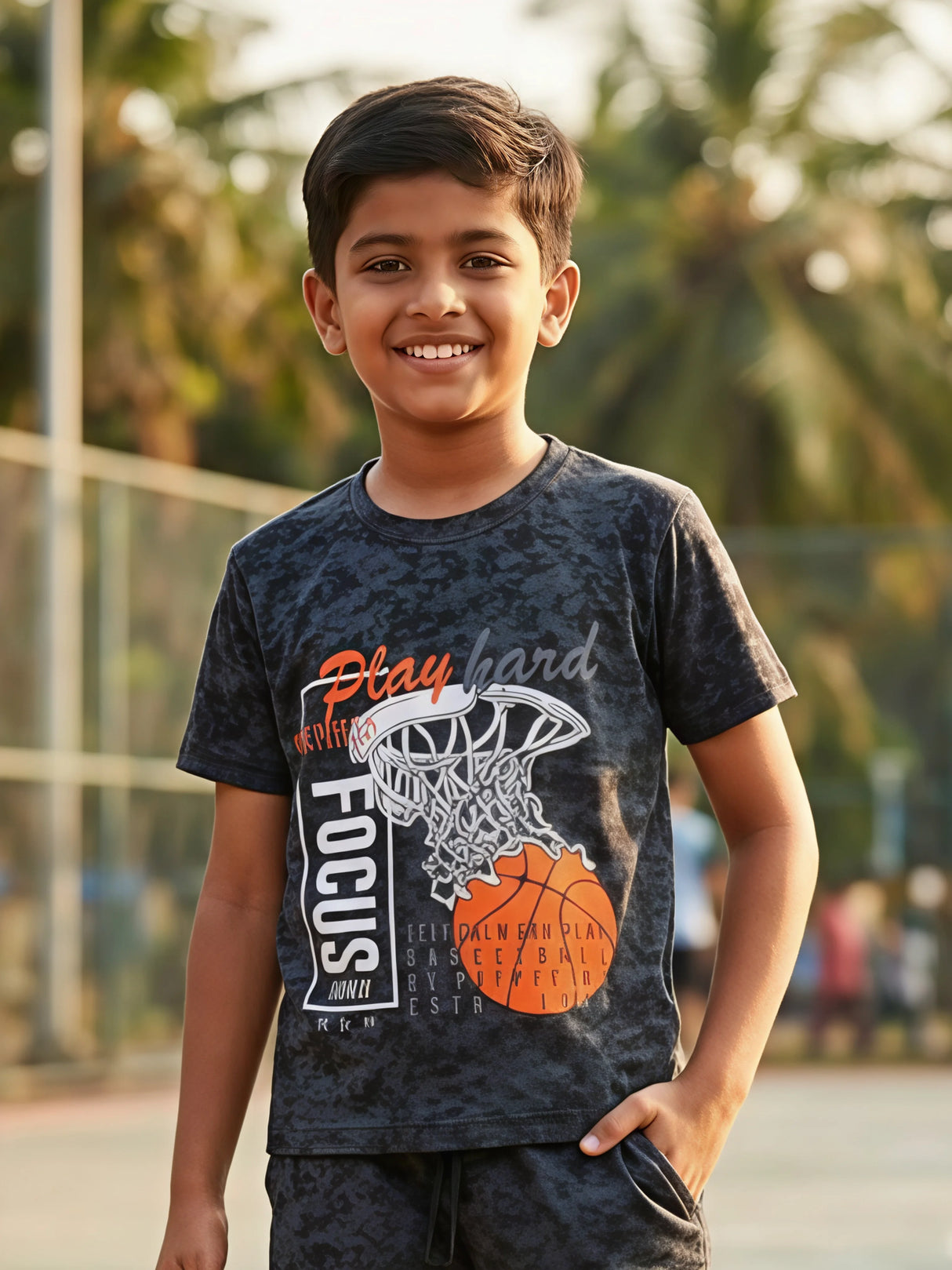 Boys Black Basketball Print Cotton Co-ord Set