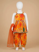 Girls Orange Floral Printed Ethnic Patiala Suit Set with Dupatta