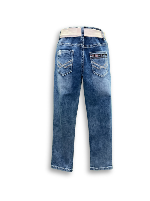 Boys' light blue stone wash denim jeans in a straight-leg cut, worn with a light tan or cream colored web belt.

Export to Sheets
