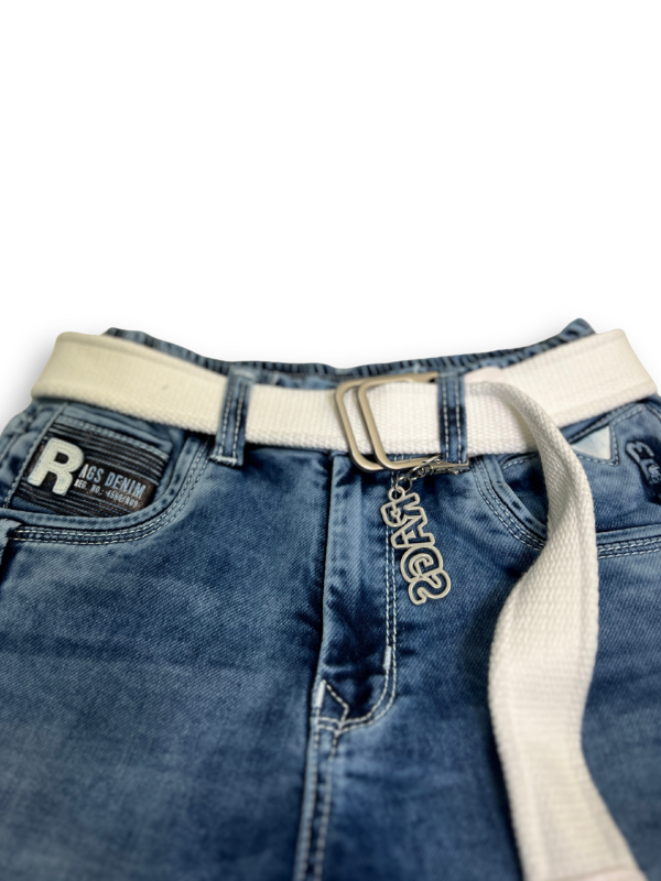 Boys' light blue stone wash denim jeans in a straight-leg cut, worn with a light tan or cream colored web belt.

Export to Sheets