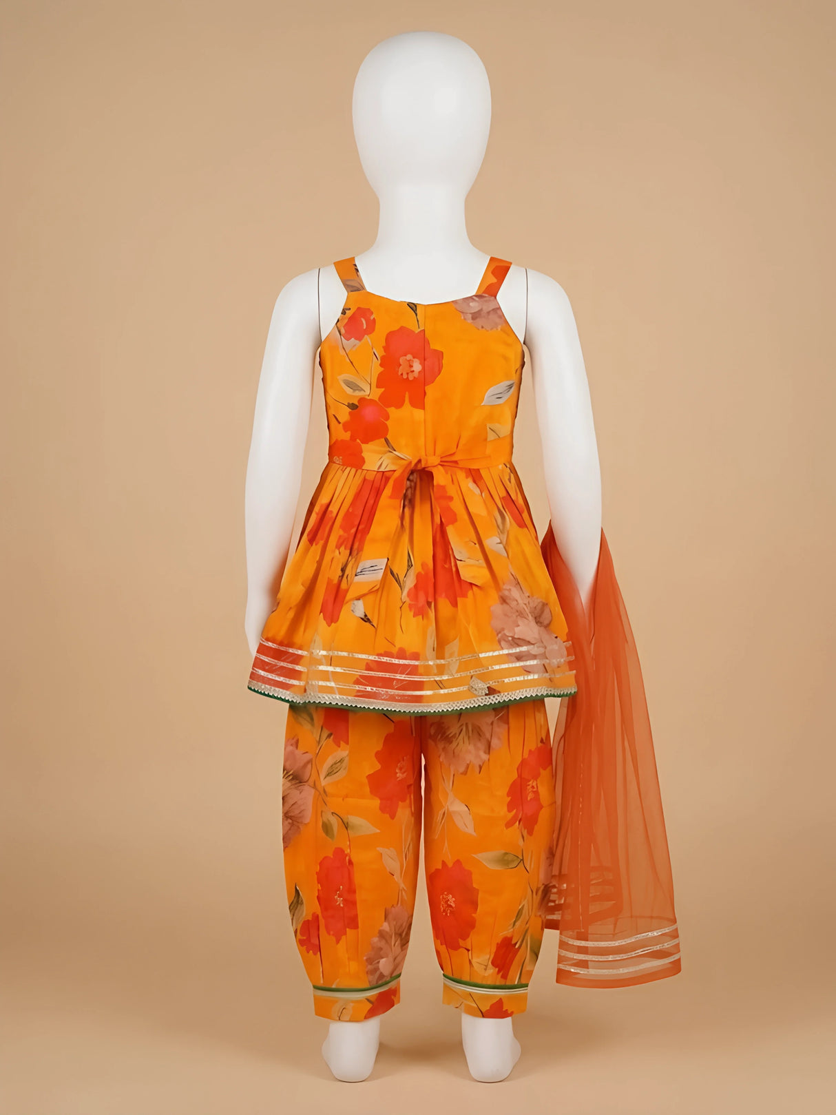 Girls Orange Floral Printed Ethnic Patiala Suit Set with Dupatta