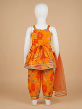 Girls Orange Floral Printed Ethnic Patiala Suit Set with Dupatta