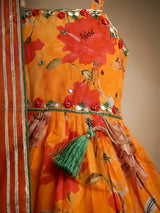 Girls Orange Floral Printed Ethnic Patiala Suit Set with Dupatta