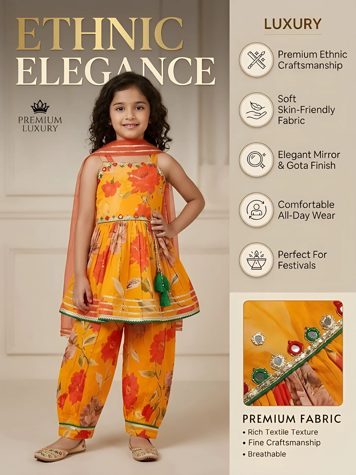 Girls Orange Floral Printed Ethnic Patiala Suit Set with Dupatta