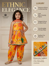 Girls Orange Floral Printed Ethnic Patiala Suit Set with Dupatta