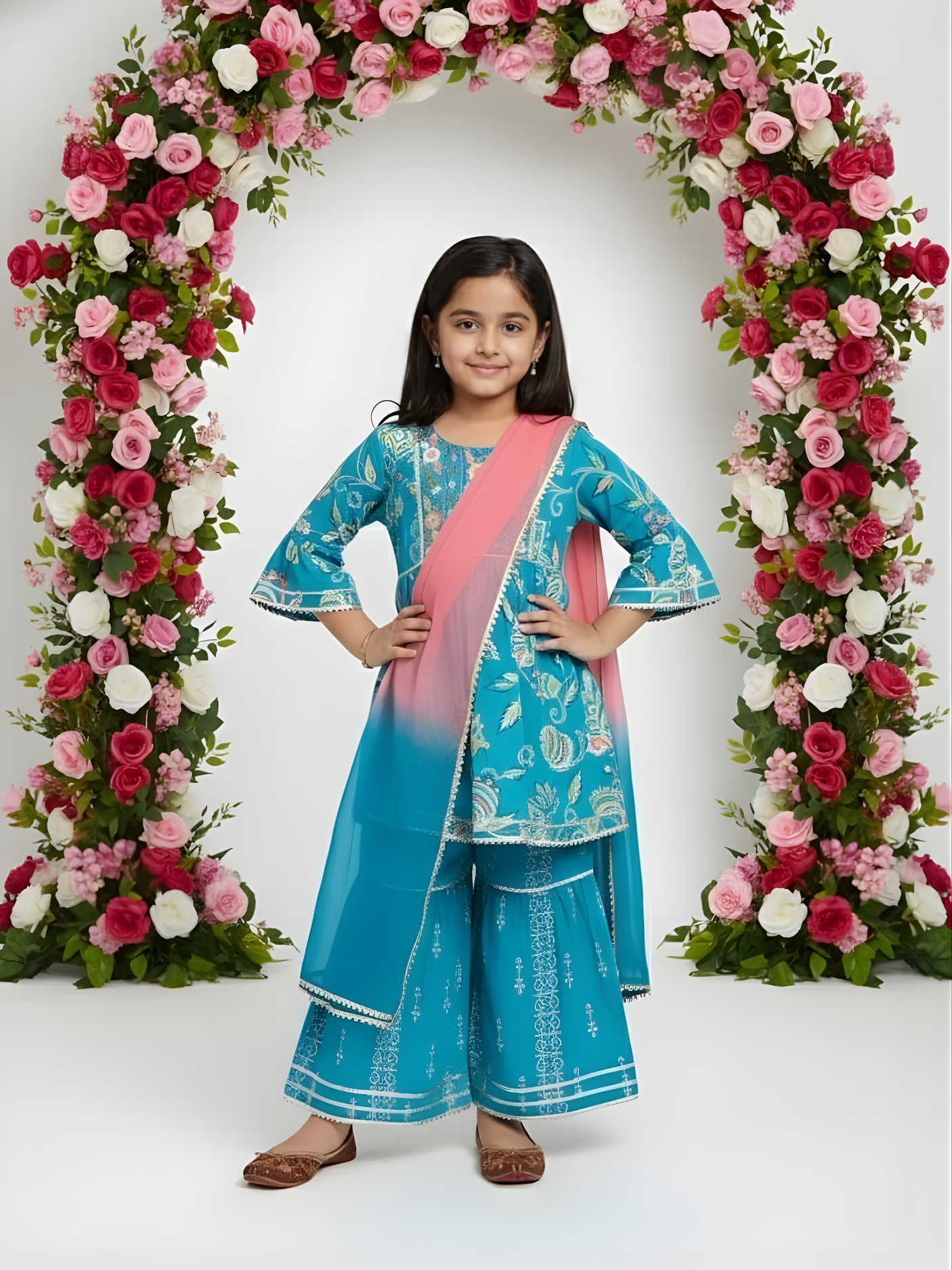 Girls' Turquoise Floral Print Kurta & Gharara Set with Pink Dupatta.