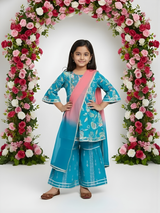Girls' Turquoise Floral Print Kurta & Gharara Set with Pink Dupatta.