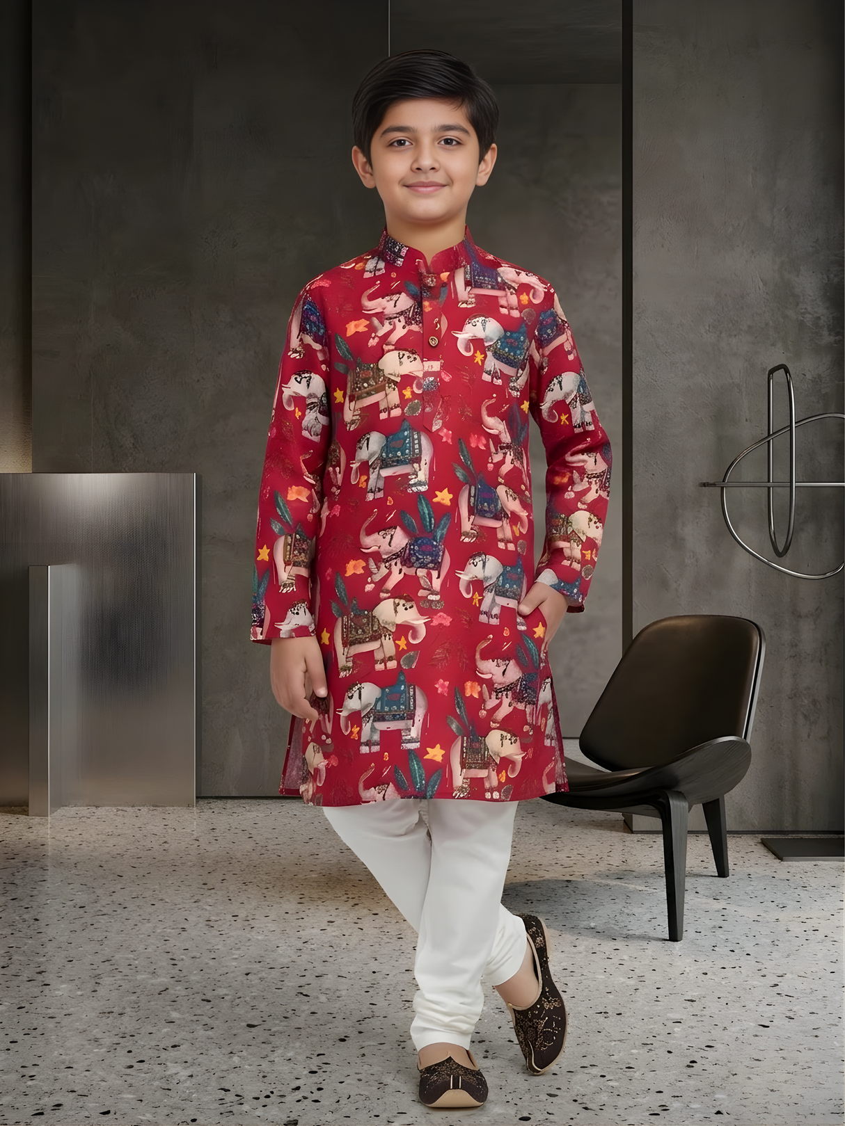 The Festive Parade Elephant Printed Kurta (Rani Pink/Red).