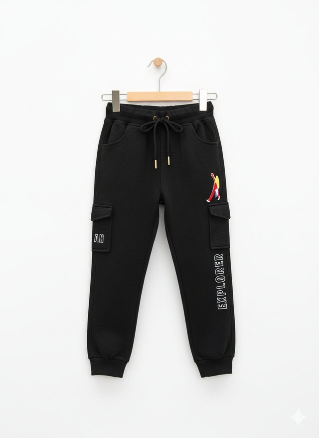 Black fleece jogger pants for boys featuring cargo style pockets, an embroidered 'EXPLORER' graphic, and a drawstring waist.