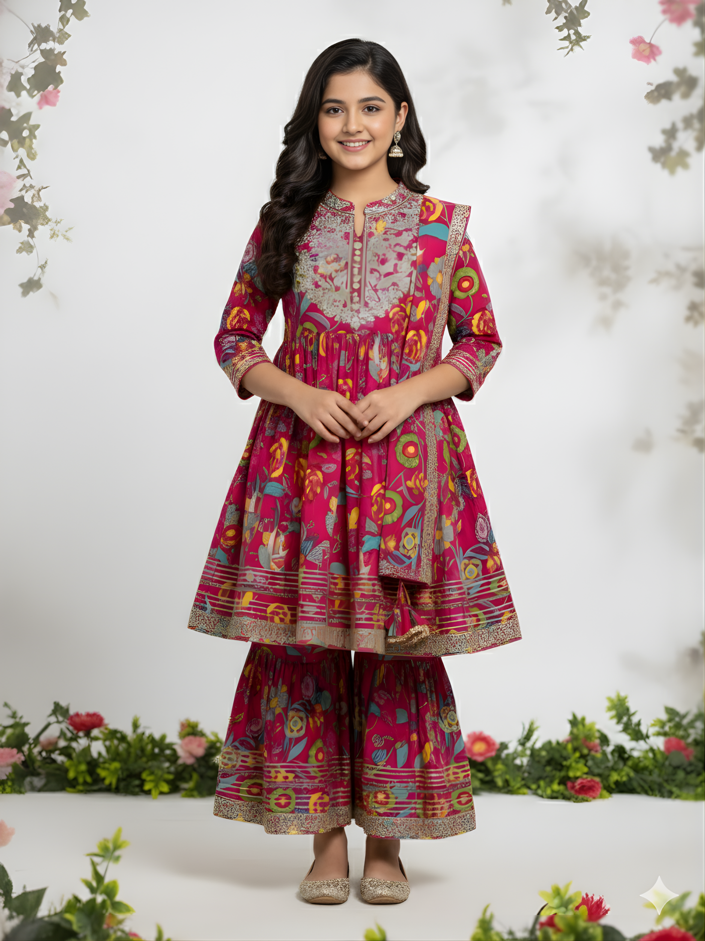 Girls' Deep Pink Print Angrakha Kurti and Flared Sharara Skirt Set