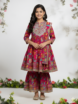 Girls' Deep Pink Print Angrakha Kurti and Flared Sharara Skirt Set