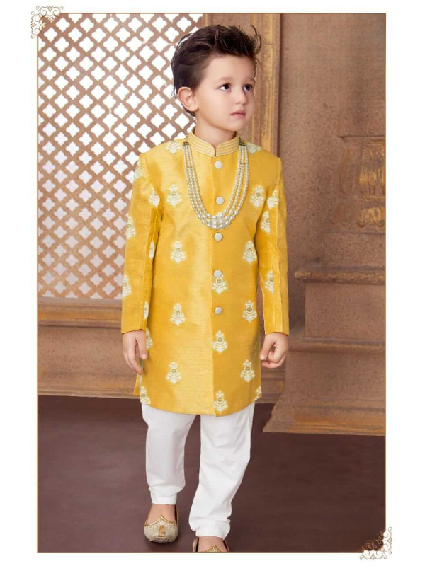 Boys Traditional Printed Regular Sherwani - Yellow