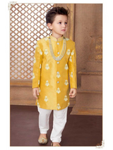 Boys Traditional Printed Regular Sherwani - Yellow