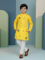 Boys' Festive Yellow Angrakha Kurta and Red Dhoti Set with Patchwork Applique
Handle