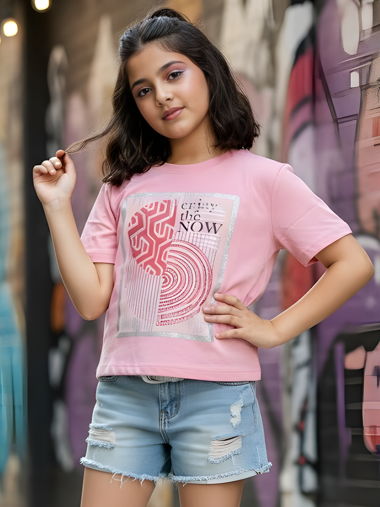 Girls Blush Pink "Enjoy The Now" Abstract Graphic Top.