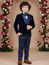 Boys' Navy Blue Textured Velvet Coat Suit with Vest and Bow Tie