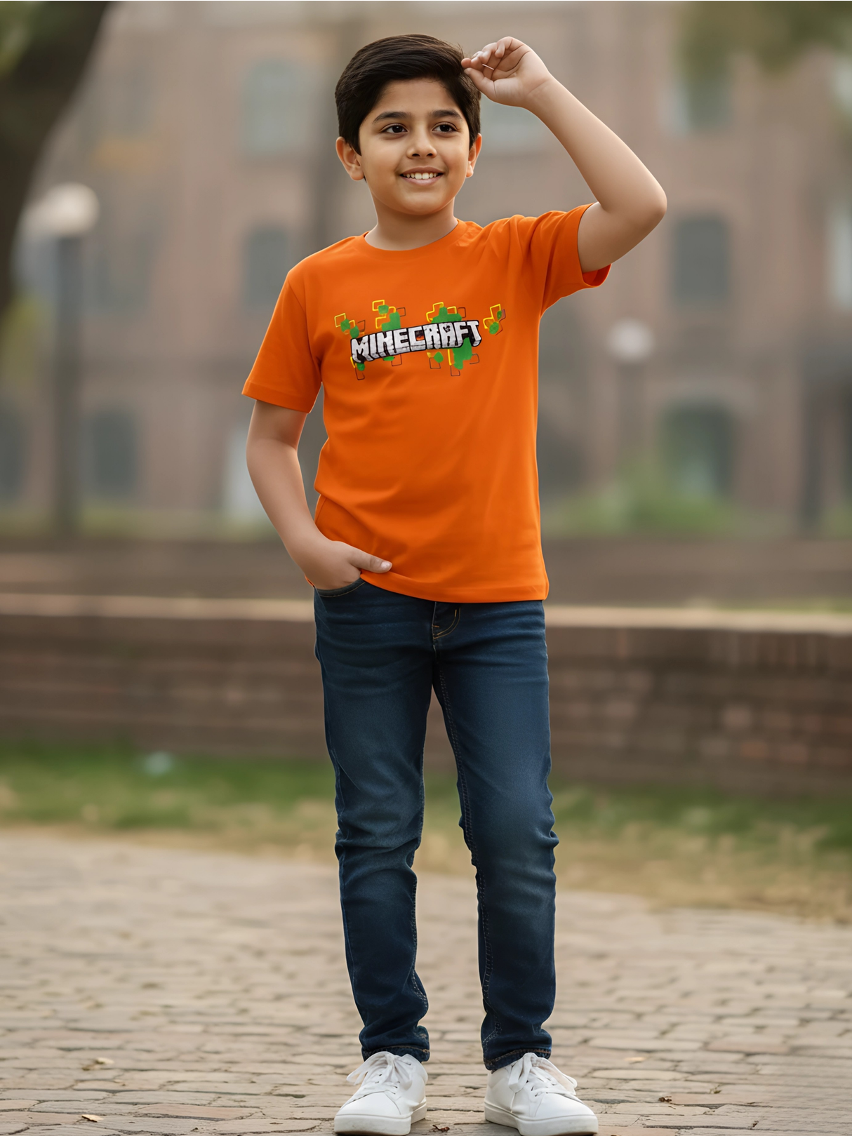 Minecraft Pixelated Logo Kids' Orange T-Shirt.