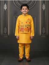 Boys Canary Yellow Kurta Set with Floral Embroidered Nehru Jacket
