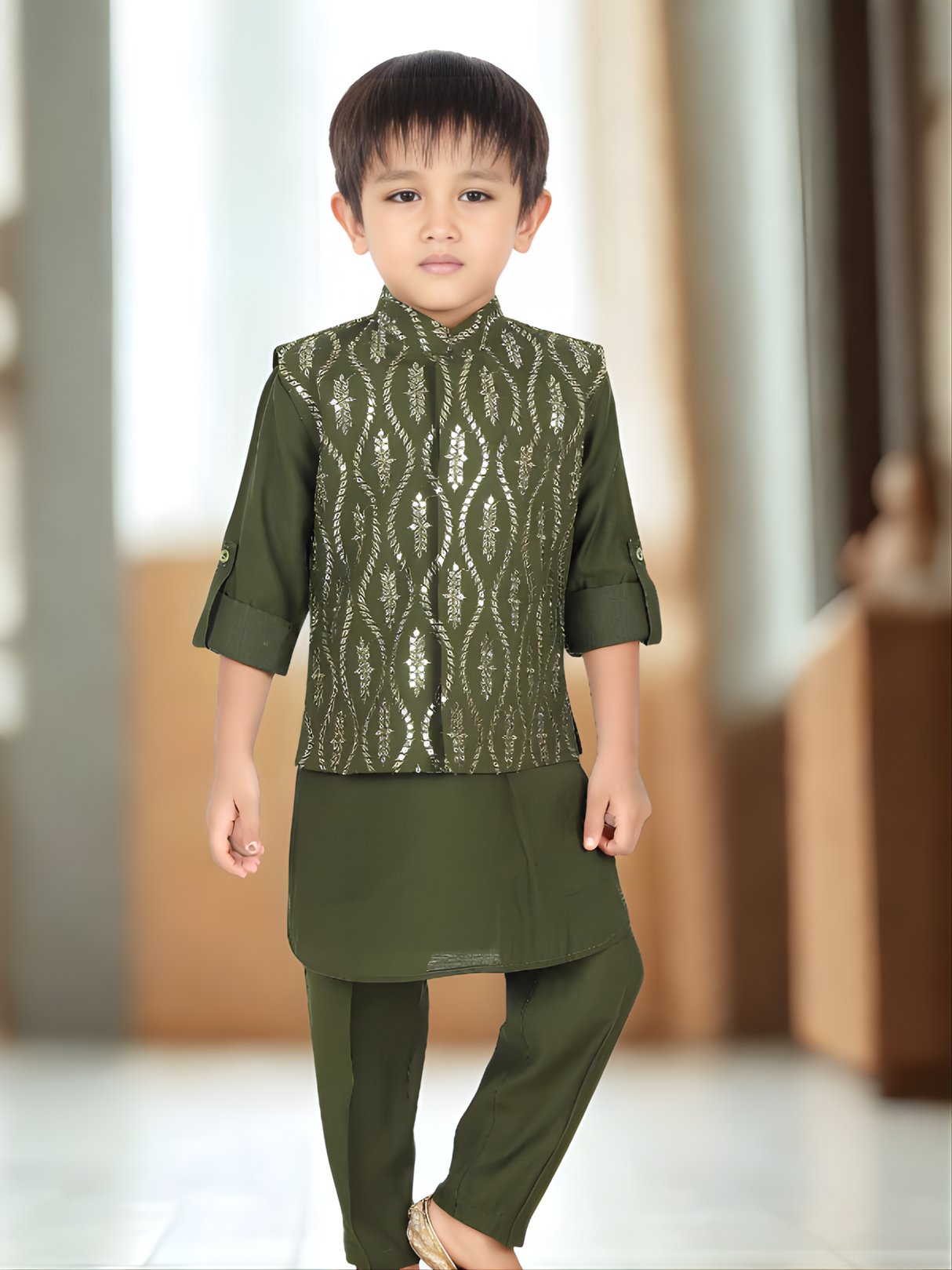 Boys' Olive Green Kurta Pajama Set with Gold Brocade Waistcoat
