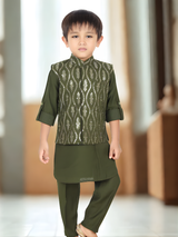 Boys' Olive Green Kurta Pajama Set with Gold Brocade Waistcoat