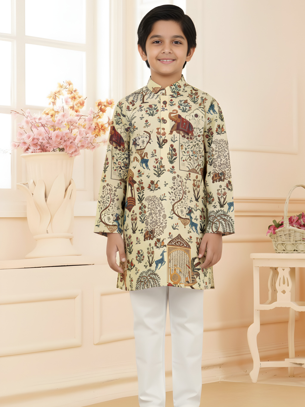Boys Cream Printed Traditional Art Kurta with White Pyjama Set