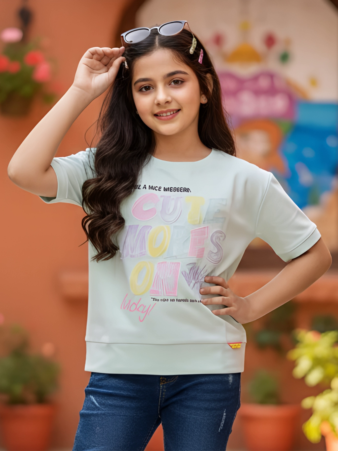 Girls' Pastel Light Blue Graphic Tee - "Cute Vibes" Casual Top