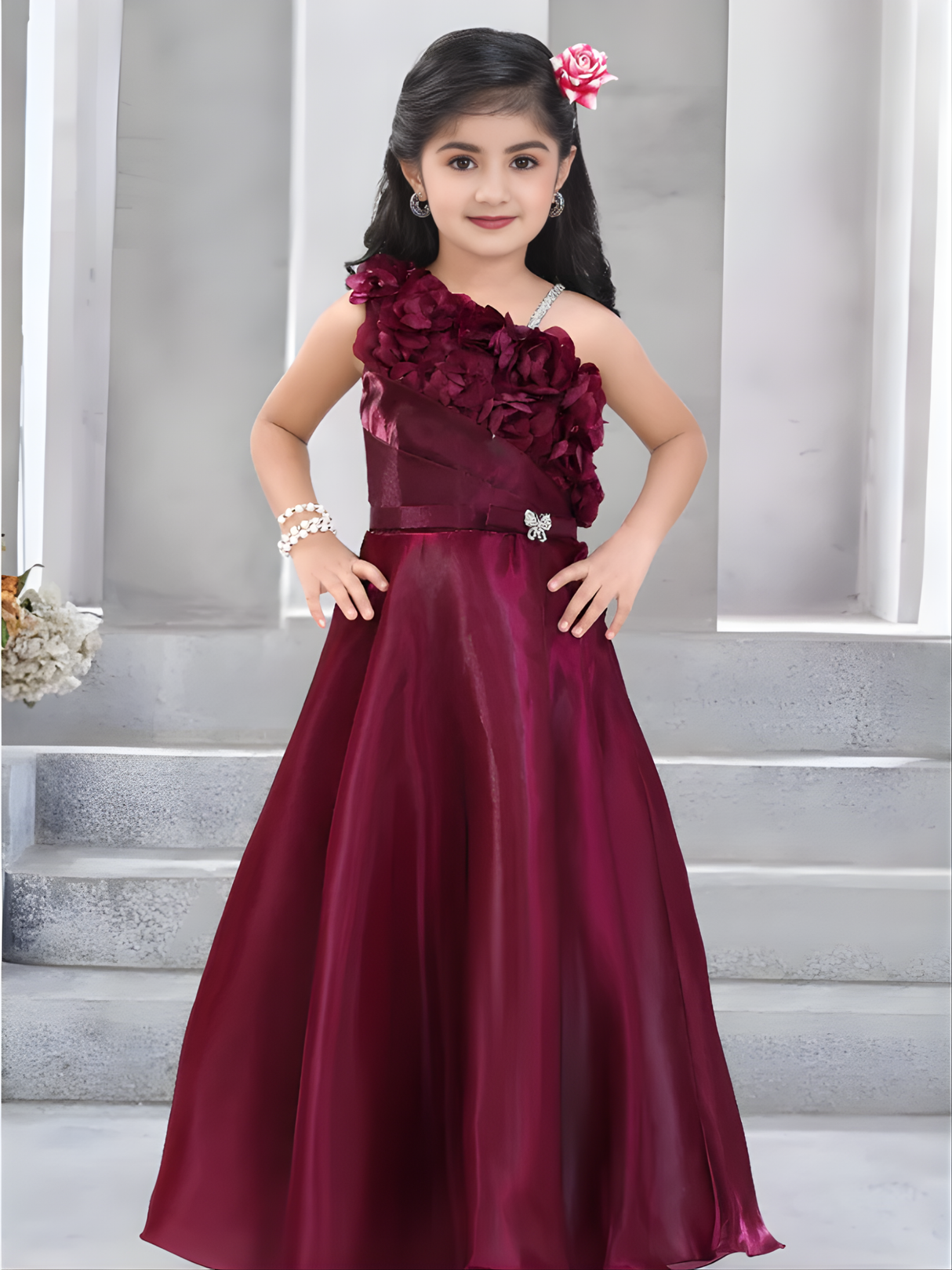 Girls Party Plain Satin Western Gown - Purple