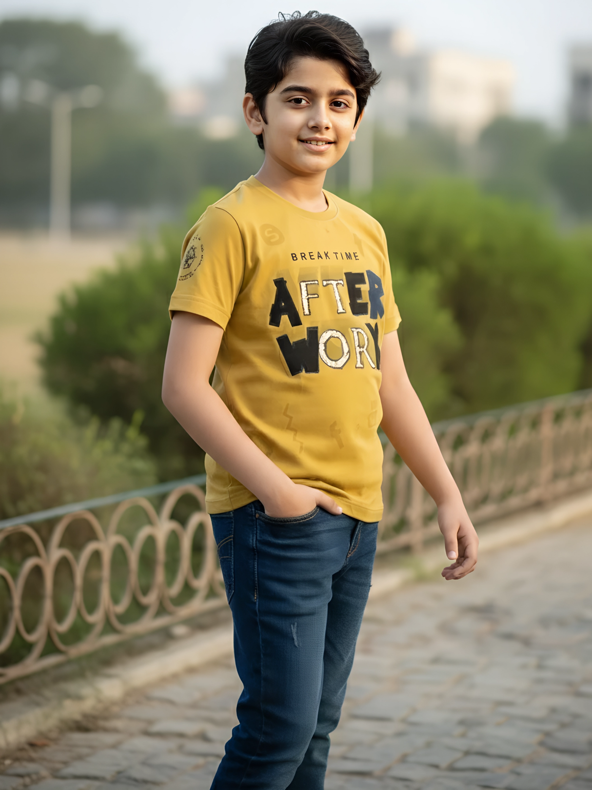 Boys' Mustard Yellow "AFTER WORK" Textured Graphic T-Shirt