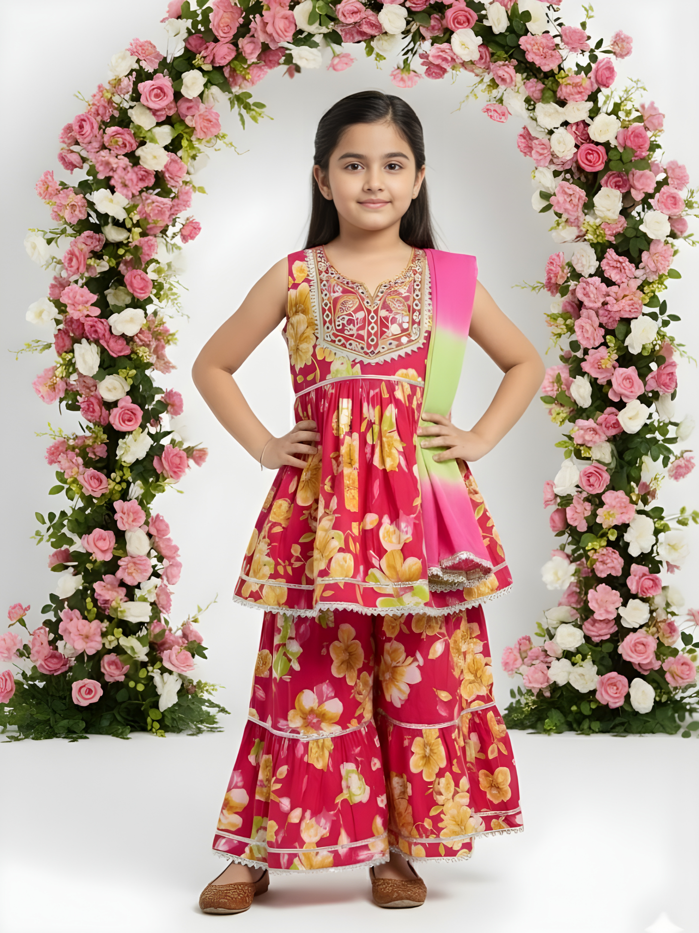Girls' Coral Sleeveless Peplum Kurti and Printed Sharara Set with Ombre Dupatta