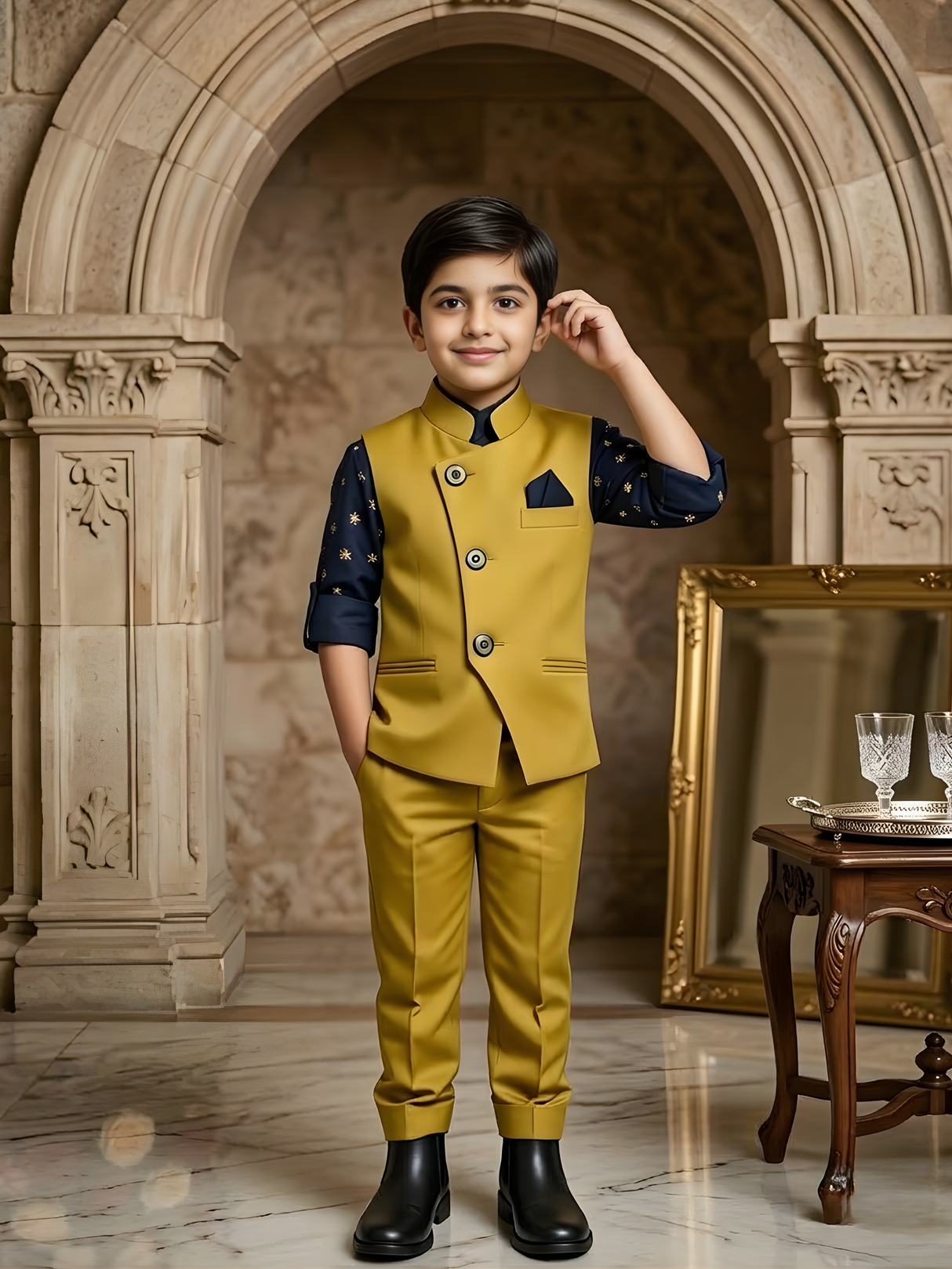 Boys' Yellow Kurta Pajama Set with Multi-Color Floral Printed Nehru Jacket