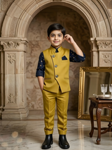 Boys' Yellow Kurta Pajama Set with Multi-Color Floral Printed Nehru Jacket