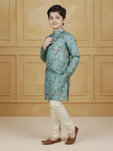 Boys' Tonal Blue and Green Geometric Tiled Print Kurta Set