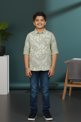 Boys' Stylish Sage Green Casual Shirt with White Foliage Print