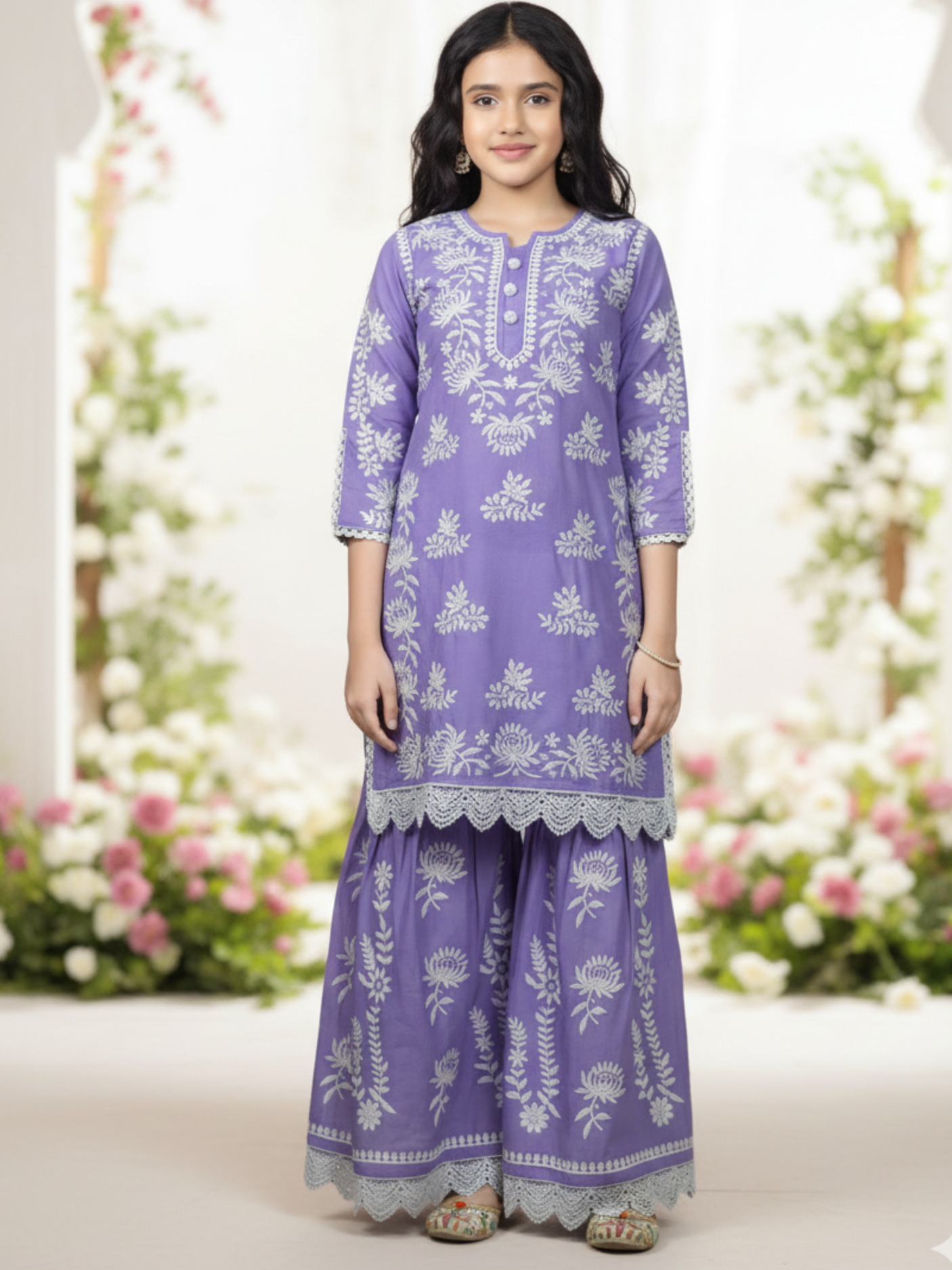 Girls' Purple Embroidered Sharara Set.