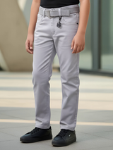 Boys' Light Grey Wash Denim Jeans with Black Contrast Belt.