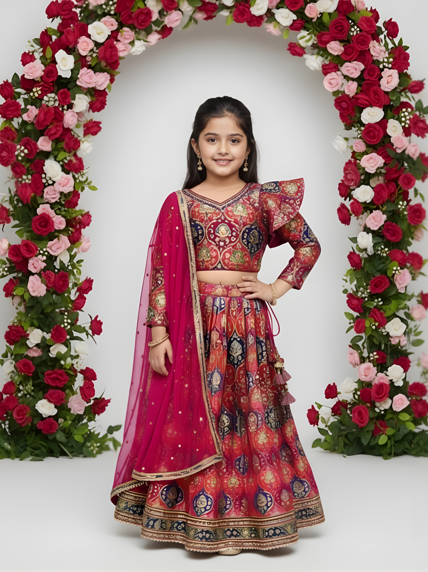Girls' Red Brocade Embroidered Crop Top (Choli) and Lehenga Set with Dupatta