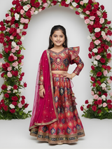 Girls' Red Brocade Embroidered Crop Top (Choli) and Lehenga Set with Dupatta