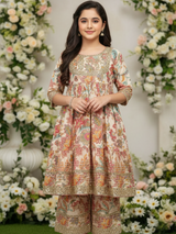 Girls' Elegant Cream Floral Tiered Suit Set with Heavy Sequin Work