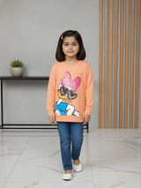 Girls' Peach Long-Sleeve Graphic Tee with Sequin Bow and Heart Sunglasses