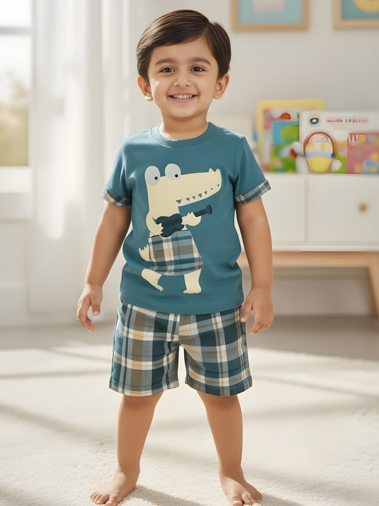 Boys’ Crocodile Print T-Shirt & Plaid Shorts Set – 2 Piece