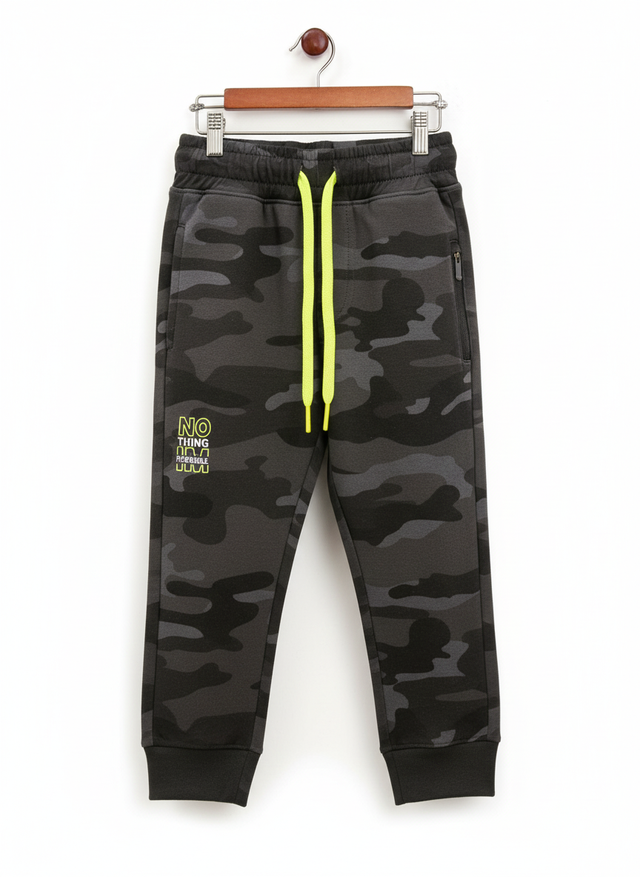 A pair of boys' dark grey camouflage fleece jogger track pants with an elastic waist, neon yellow and grey contrast drawstring, and a vertical zippered pocket.