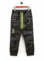 A pair of boys' dark grey camouflage fleece jogger track pants with an elastic waist, neon yellow and grey contrast drawstring, and a vertical zippered pocket.