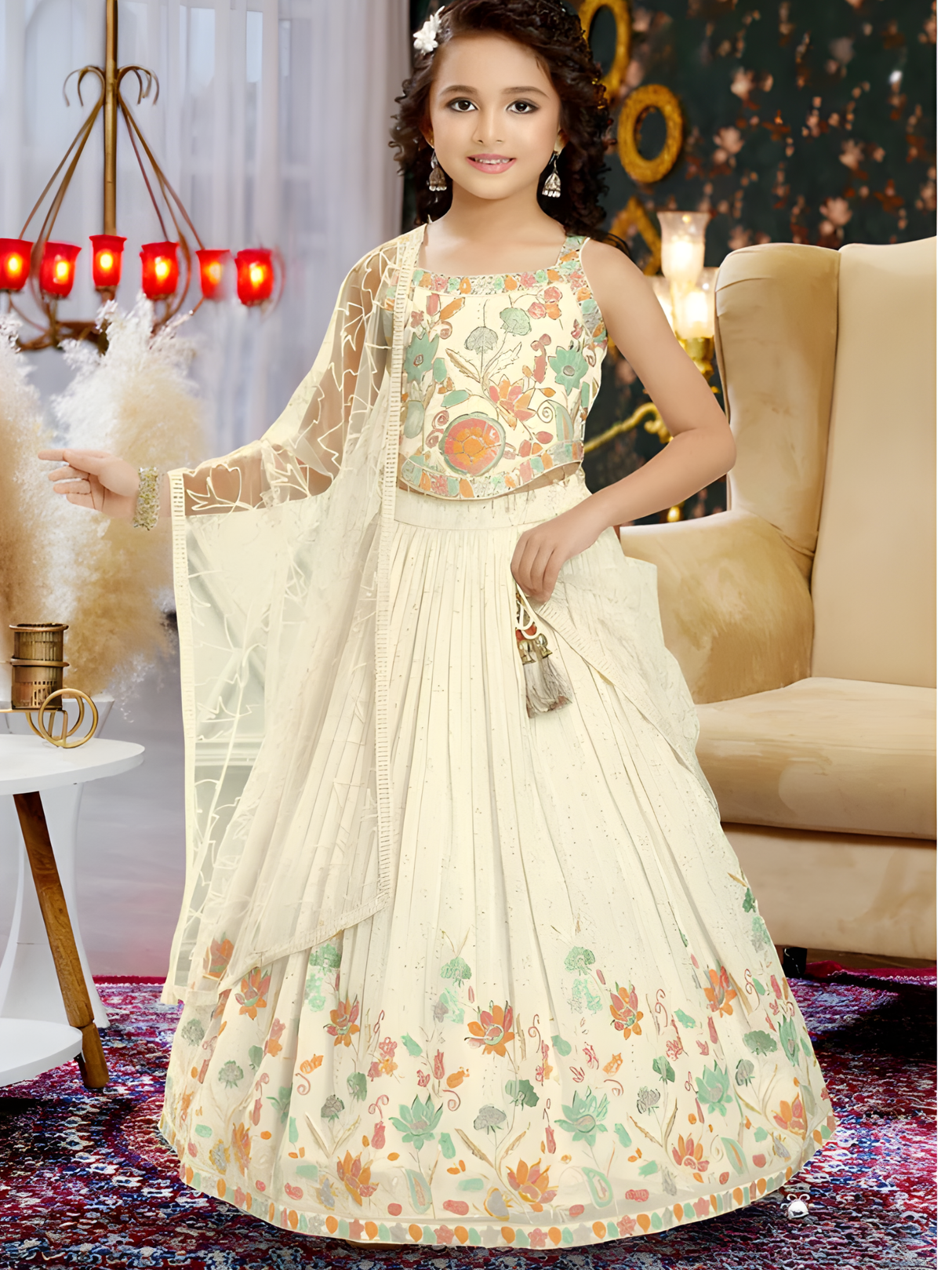 Girls' Elegant Pale Yellow Embroidered Lehenga
