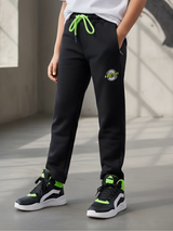 Boys' Black Track Pants with Neon Green Drawstring & Patch