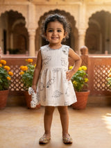 White Meow Cat Print Cotton Frock for Girls