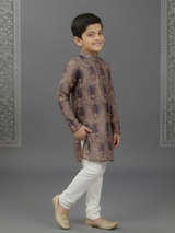 Boys' Mauve & Navy Printed Kurta with White Pyjama Set