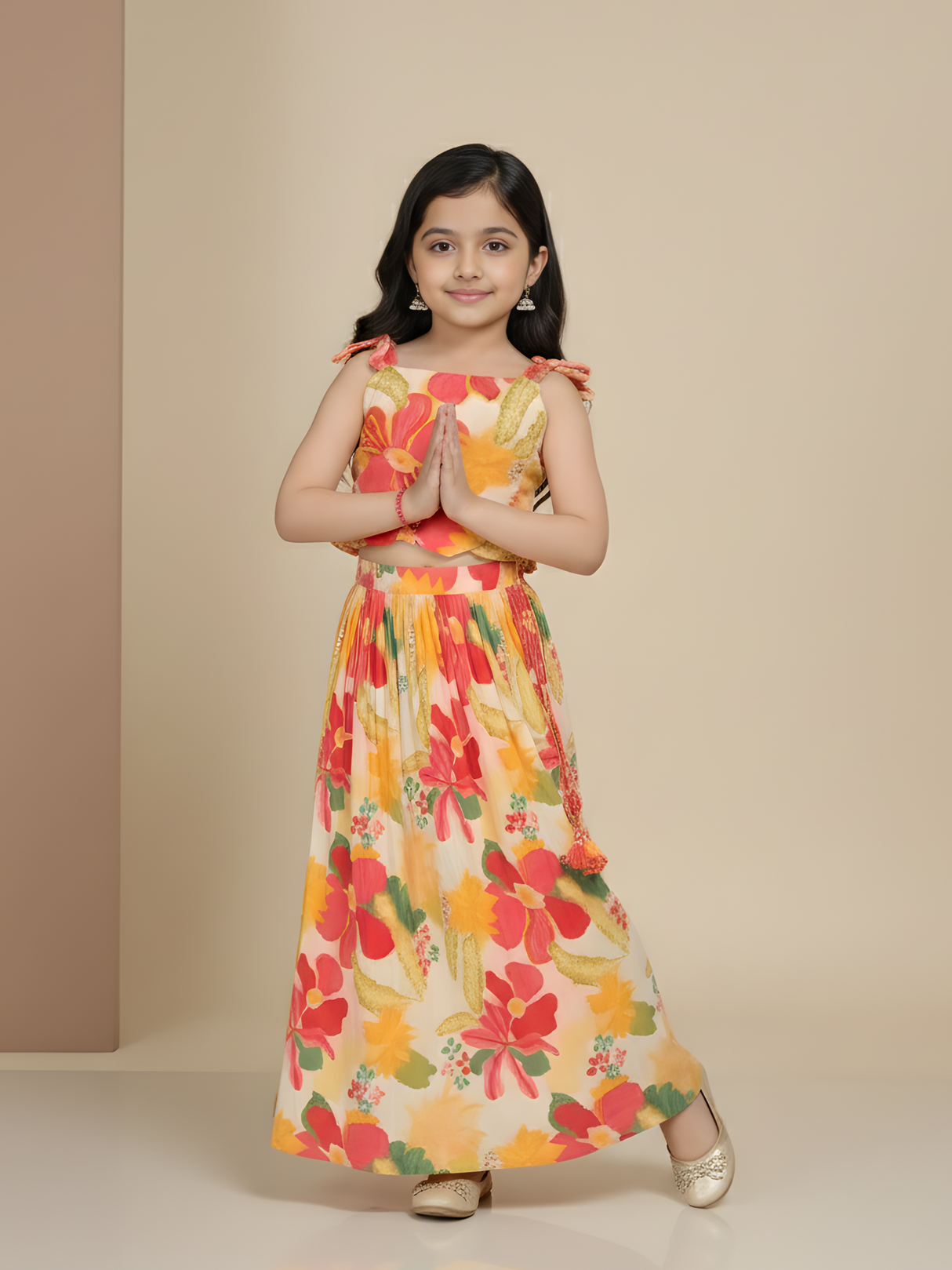 Girls Floral Print Crop Top and Flared Lehenga Set